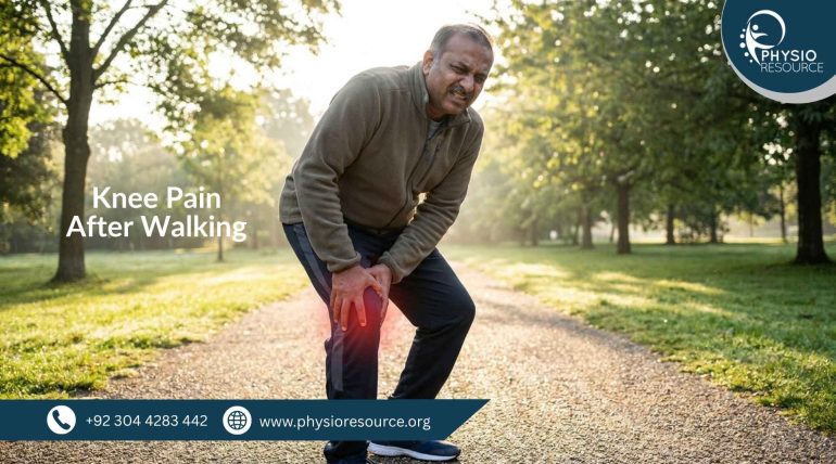Person experiencing knee pain after walking and stopping to hold knee, indicating strain or injury, highlighting physiotherapy care at Physio Resource Lahore