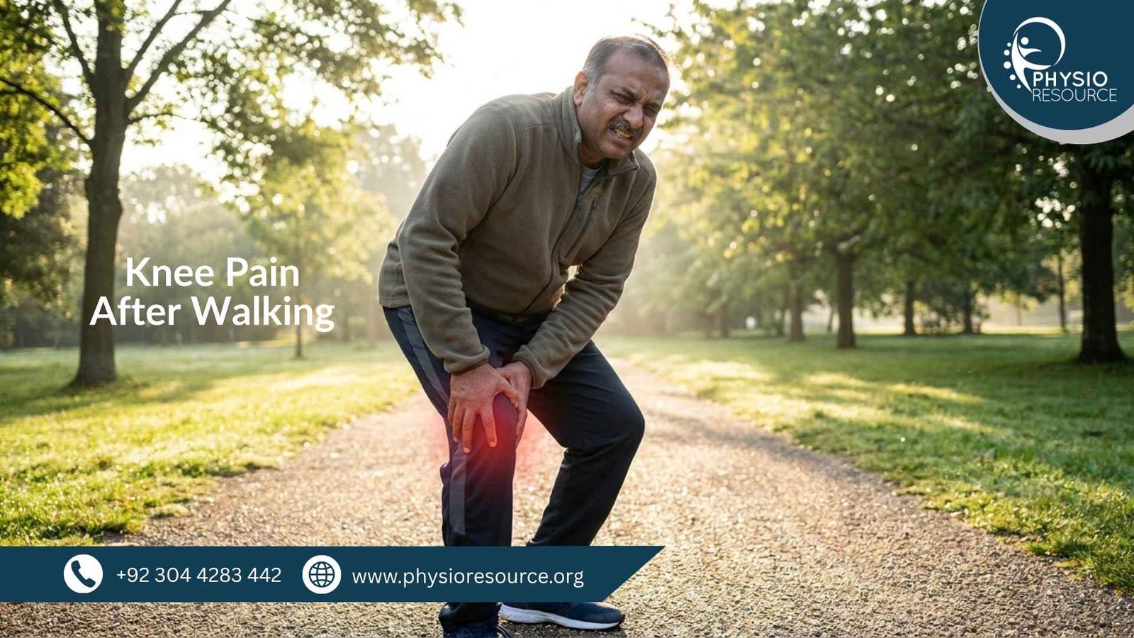 Person experiencing knee pain after walking and stopping to hold knee, indicating strain or injury, highlighting physiotherapy care at Physio Resource Lahore
