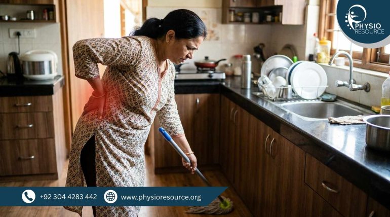 Lower back pain caused by household work due to improper posture while cleaning or lifting, highlighting need for physiotherapy care at Physio Resource Lahore