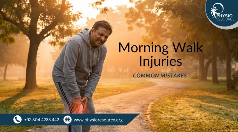 Adult experiencing knee or ankle pain during morning walk due to incorrect posture or footwear, highlighting physiotherapy care at Physio Resource Lahore
