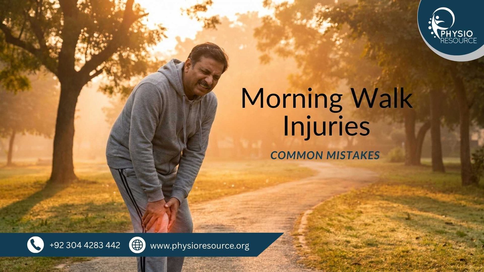 Adult experiencing knee or ankle pain during morning walk due to incorrect posture or footwear, highlighting physiotherapy care at Physio Resource Lahore