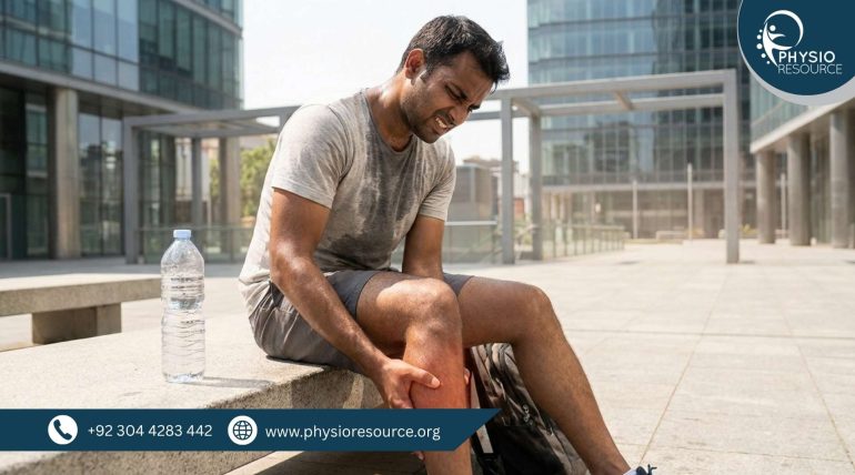 Person experiencing painful leg muscle cramps in summer heat despite drinking water, highlighting electrolyte imbalance and physiotherapy care at Physio Resource Lahore
