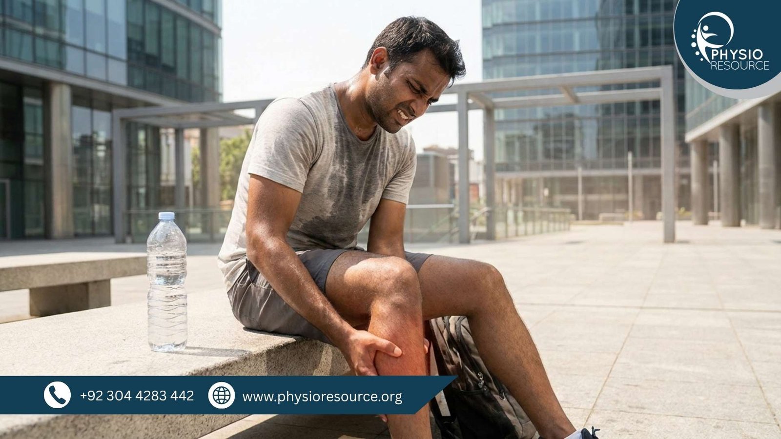 Person experiencing painful leg muscle cramps in summer heat despite drinking water, highlighting electrolyte imbalance and physiotherapy care at Physio Resource Lahore