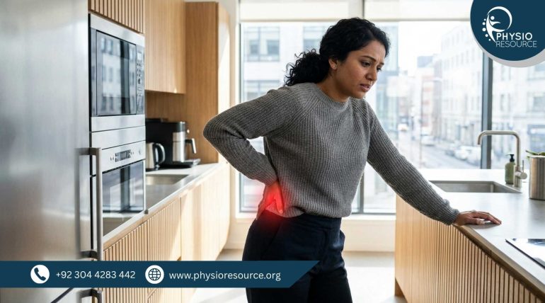 Pelvic and hip pain caused by prolonged standing, showing discomfort in lower body posture, highlighting need for physiotherapy treatment at Physio Resource Lahore