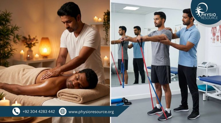 Comparison between massage therapy for relaxation and physiotherapy treatment focusing on rehabilitation and recovery, highlighting expert care at Physio Resource Lahore