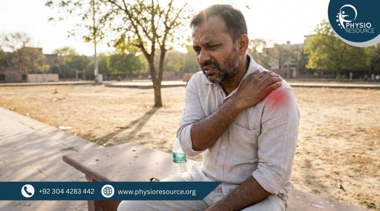 Person experiencing joint pain and fatigue due to dehydration in extreme summer heat, highlighting physiotherapy care at Physio Resource Lahore
