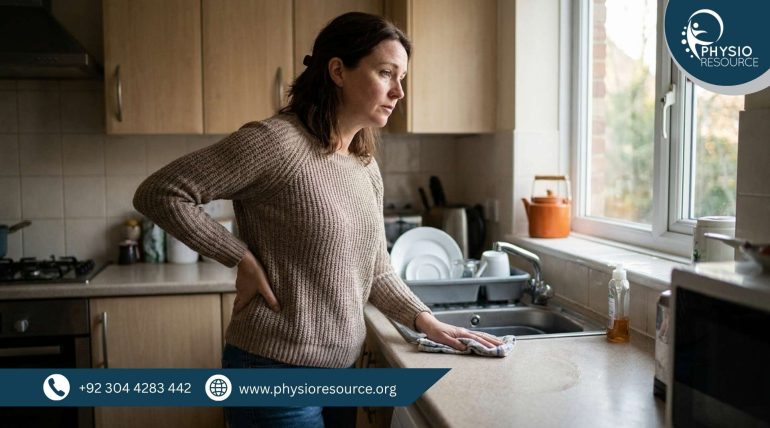 Silent lower back pain in women caused by daily household activities and poor posture, highlighting need for physiotherapy care at Physio Resource Lahore