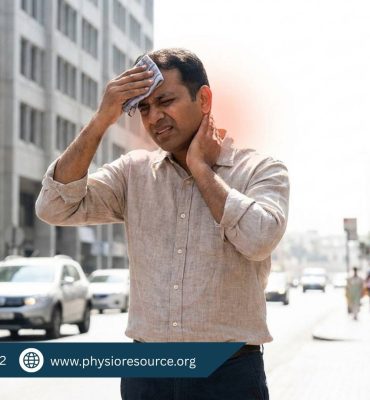 Person experiencing body pain and fatigue in extreme summer heat with visible discomfort and dehydration effects, highlighting physiotherapy care at Physio Resource Lahore