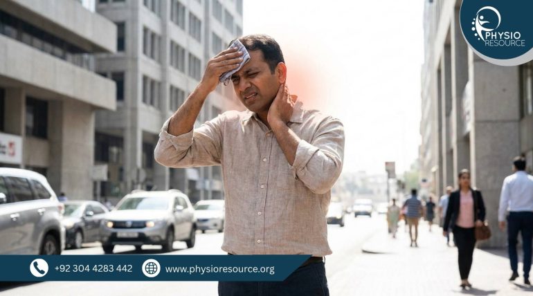 Person experiencing body pain and fatigue in extreme summer heat with visible discomfort and dehydration effects, highlighting physiotherapy care at Physio Resource Lahore
