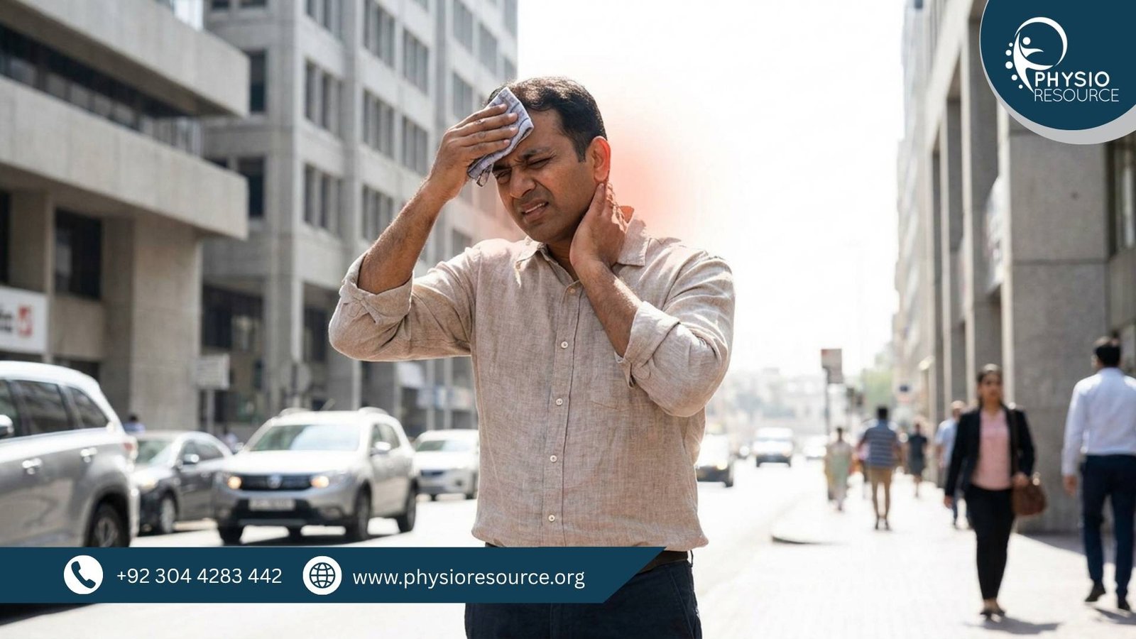 Person experiencing body pain and fatigue in extreme summer heat with visible discomfort and dehydration effects, highlighting physiotherapy care at Physio Resource Lahore