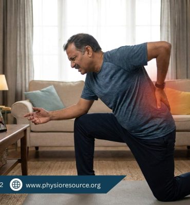 Person following online exercises from mobile phone experiencing pain due to incorrect technique, highlighting need for personalized physiotherapy at Physio Resource Lahore