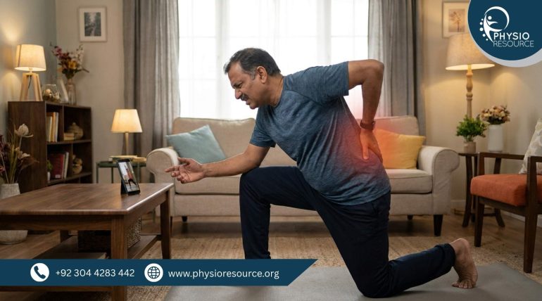 Person following online exercises from mobile phone experiencing pain due to incorrect technique, highlighting need for personalized physiotherapy at Physio Resource Lahore