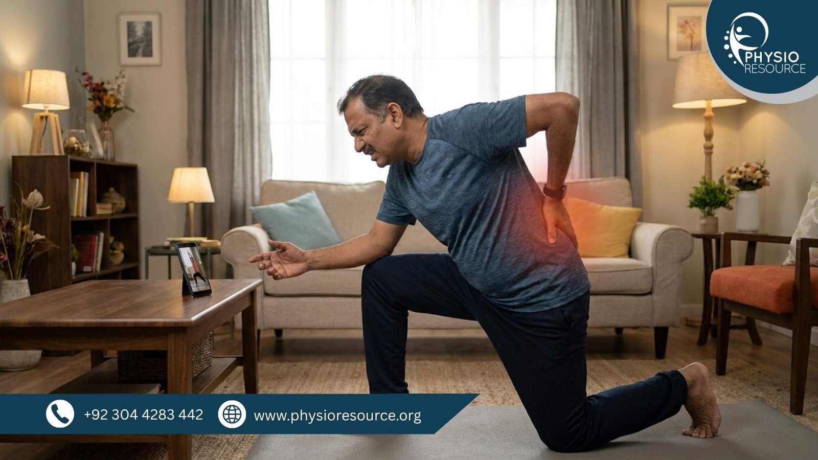 Person following online exercises from mobile phone experiencing pain due to incorrect technique, highlighting need for personalized physiotherapy at Physio Resource Lahore