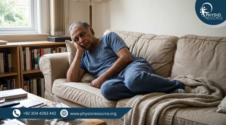 Person feeling weak and fatigued without any visible injury, showing low energy and poor posture, highlighting physiotherapy care at Physio Resource Lahore