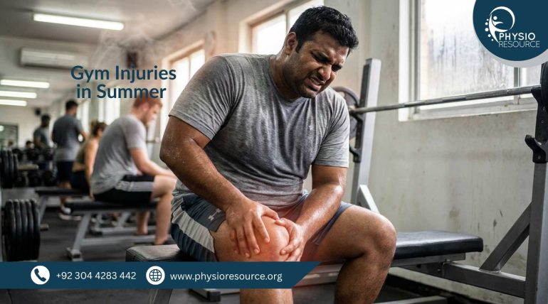 Person experiencing muscle or joint pain during intense gym workout in summer heat due to overtraining, highlighting physiotherapy care at Physio Resource Lahore