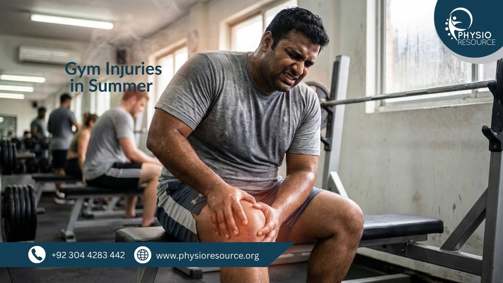 Person experiencing muscle or joint pain during intense gym workout in summer heat due to overtraining, highlighting physiotherapy care at Physio Resource Lahore