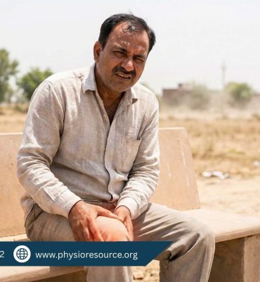 Middle-aged person experiencing arthritis knee pain in hot weather, holding inflamed joint with discomfort, highlighting heat-related joint stiffness, Physio Resource Lahore
