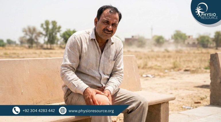 Middle-aged person experiencing arthritis knee pain in hot weather, holding inflamed joint with discomfort, highlighting heat-related joint stiffness, Physio Resource Lahore