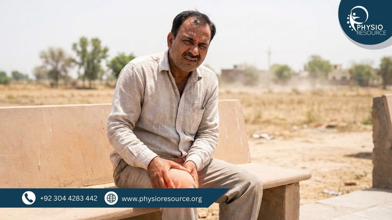Middle-aged person experiencing arthritis knee pain in hot weather, holding inflamed joint with discomfort, highlighting heat-related joint stiffness, Physio Resource Lahore