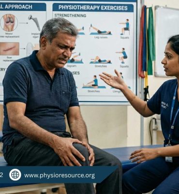 Middle-aged patient with knee pain consulting a physiotherapist, exploring non-surgical treatment options to delay joint replacement, Physio Resource Lahore