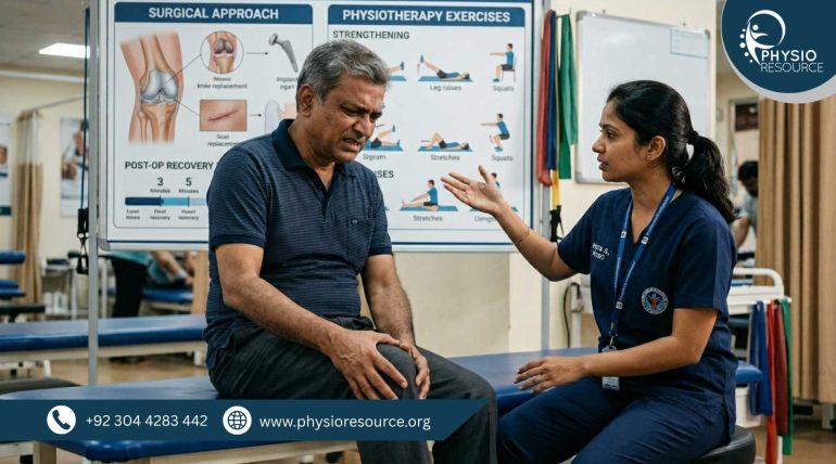 Middle-aged patient with knee pain consulting a physiotherapist, exploring non-surgical treatment options to delay joint replacement, Physio Resource Lahore