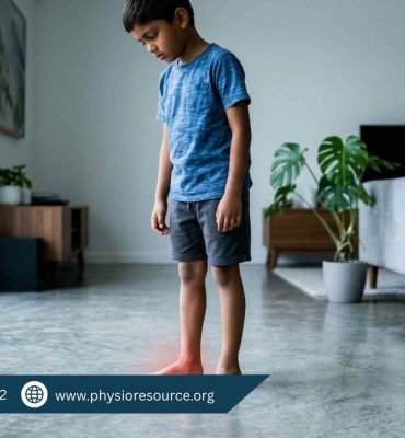 Child with flat feet standing barefoot showing low foot arch and experiencing foot pain during summer, Physio Resource Lahore