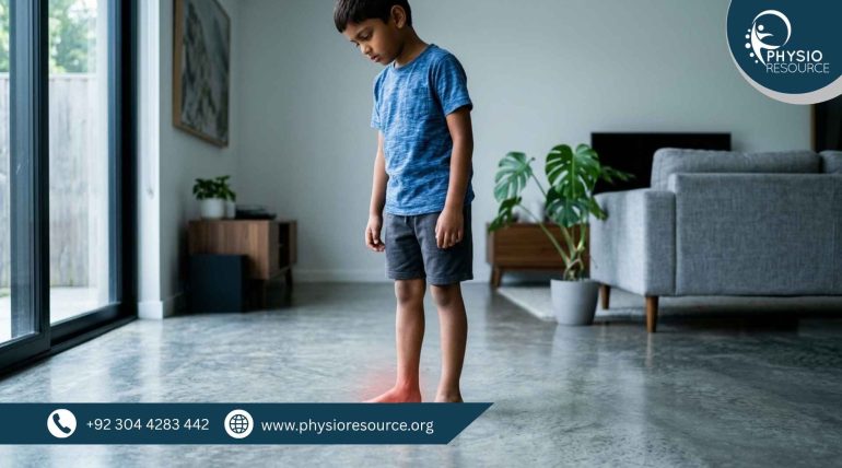 Child with flat feet standing barefoot showing low foot arch and experiencing foot pain during summer, Physio Resource Lahore