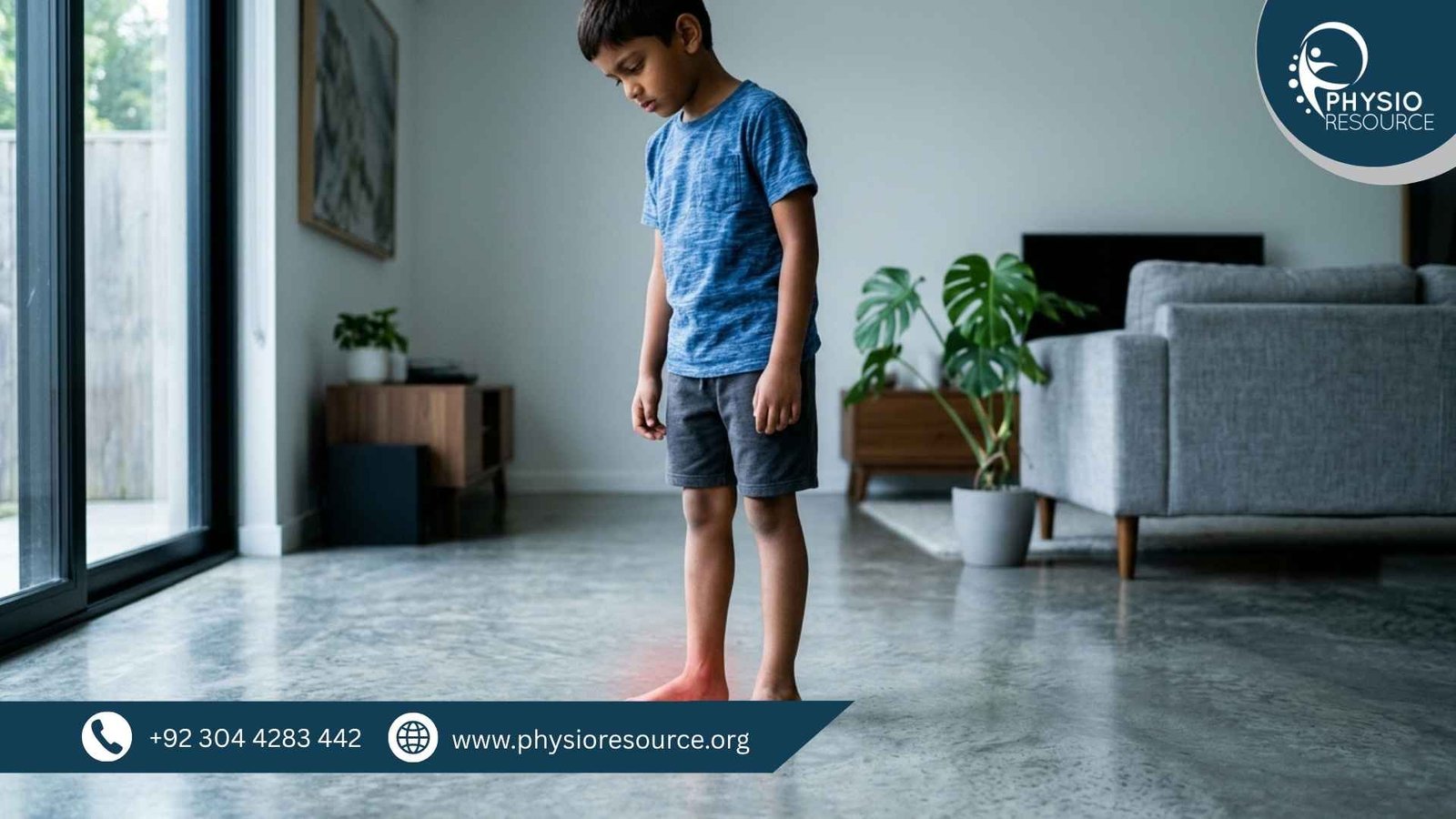 Child with flat feet standing barefoot showing low foot arch and experiencing foot pain during summer, Physio Resource Lahore
