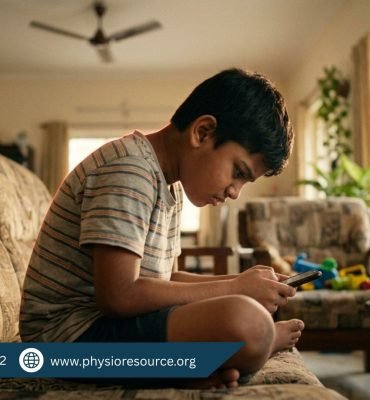 Child using smartphone with poor posture during summer holidays, slouched back and forward neck causing strain, Physio Resource Lahore