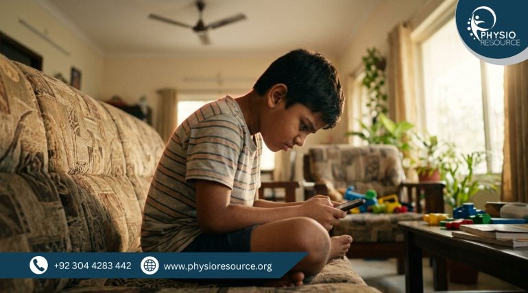 Child using smartphone with poor posture during summer holidays, slouched back and forward neck causing strain, Physio Resource Lahore