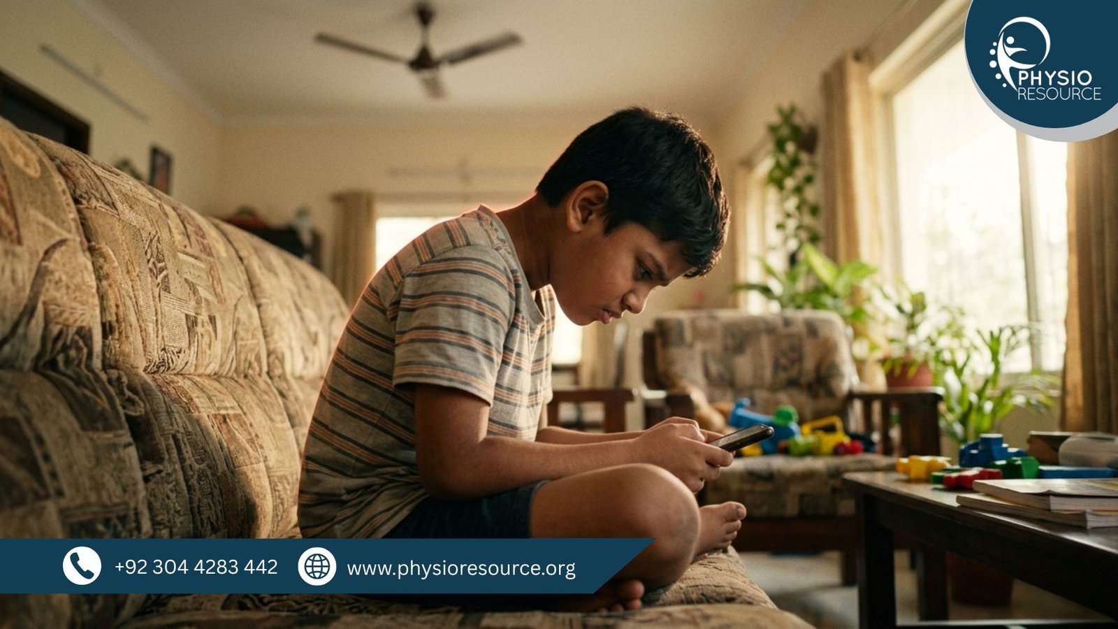 Child using smartphone with poor posture during summer holidays, slouched back and forward neck causing strain, Physio Resource Lahore