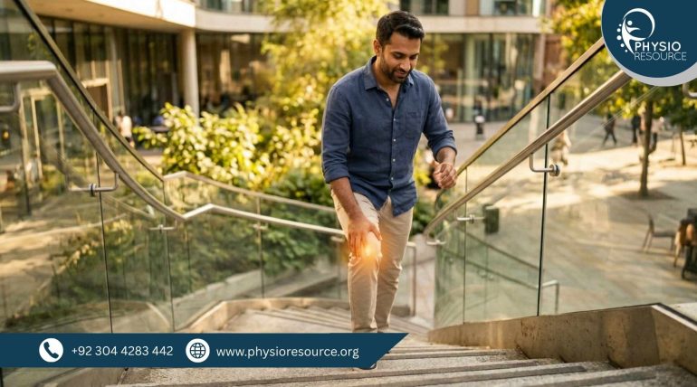 Person practicing safe knee movement while walking and standing in summer, maintaining proper posture to protect knees, Physio Resource Lahore