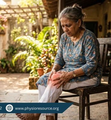 Elderly person experiencing joint pain and weakness in hot summer weather, holding knee with discomfort, Physio Resource Lahore