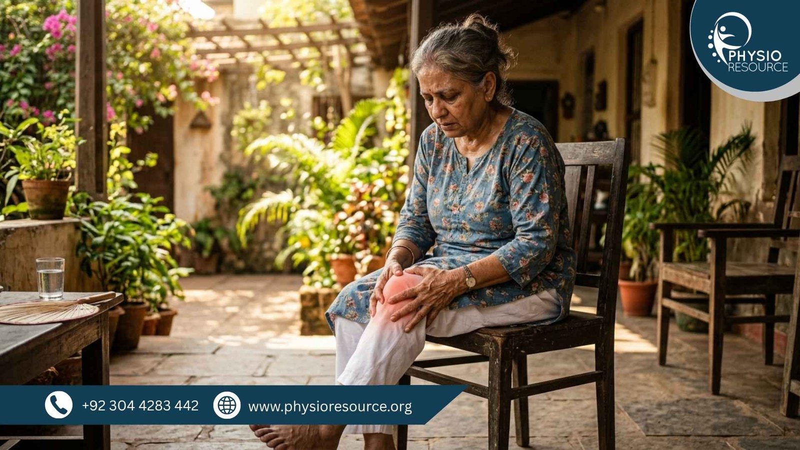 Elderly person experiencing joint pain and weakness in hot summer weather, holding knee with discomfort, Physio Resource Lahore