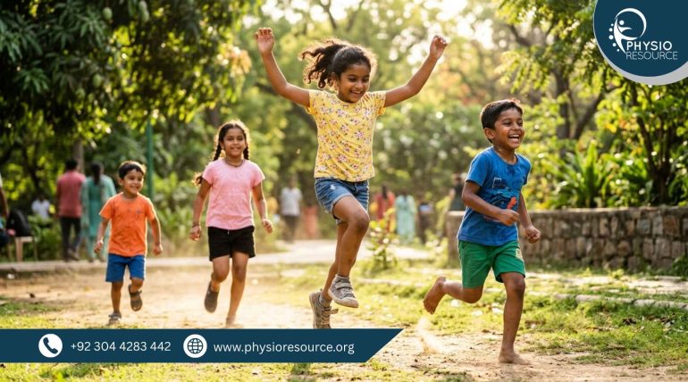 Children playing outdoor activities during summer break, running and staying physically active with healthy posture, Physio Resource Lahore