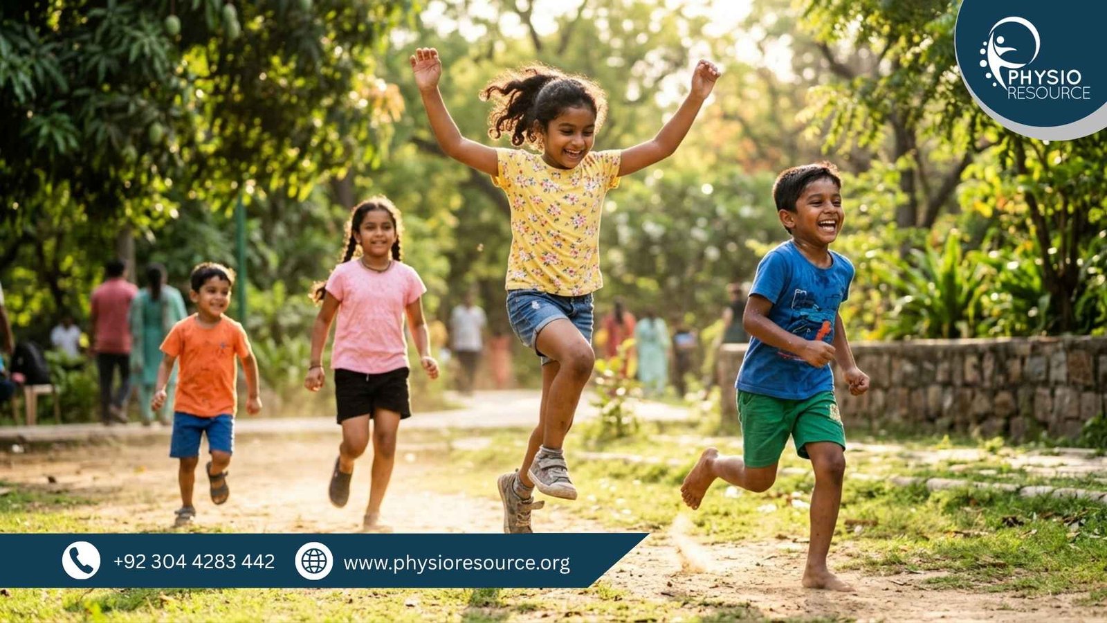 Children playing outdoor activities during summer break, running and staying physically active with healthy posture, Physio Resource Lahore