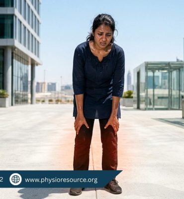 Person experiencing heavy and tired legs in hot weather, sitting and holding legs with discomfort and fatigue, highlighting circulation issues, Physio Resource Lahore