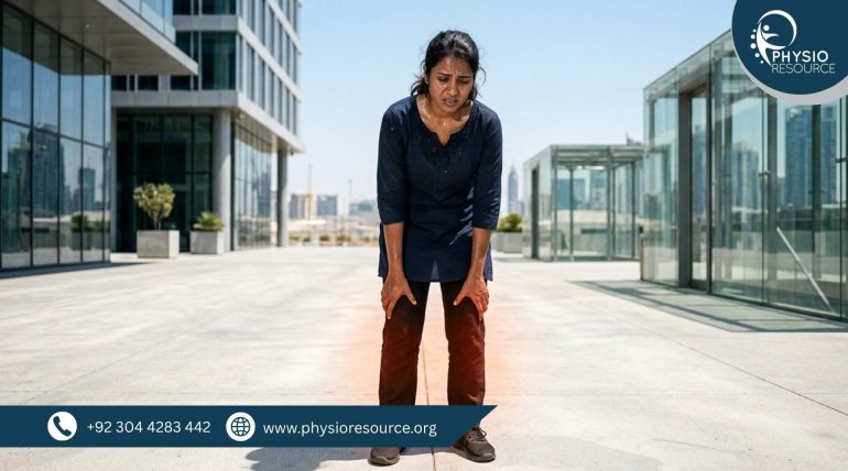 Person experiencing heavy and tired legs in hot weather, sitting and holding legs with discomfort and fatigue, highlighting circulation issues, Physio Resource Lahore