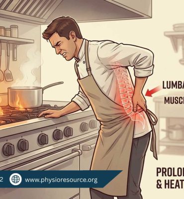 Kitchen worker experiencing lower back pain after standing for long hours near hot cooking equipment.
