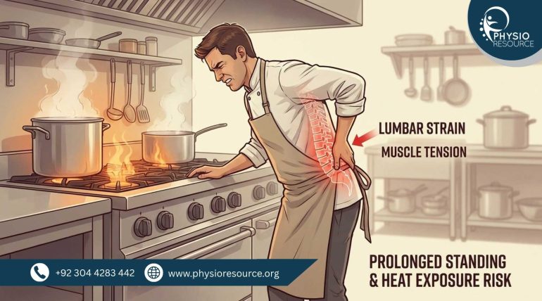 Kitchen worker experiencing lower back pain after standing for long hours near hot cooking equipment.