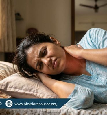 Woman experiencing neck pain after sleeping with wrong pillow and poor posture in hot weather, holding stiff neck with discomfort, Physio Resource Lahore