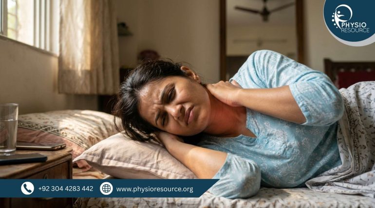 Woman experiencing neck pain after sleeping with wrong pillow and poor posture in hot weather, holding stiff neck with discomfort, Physio Resource Lahore