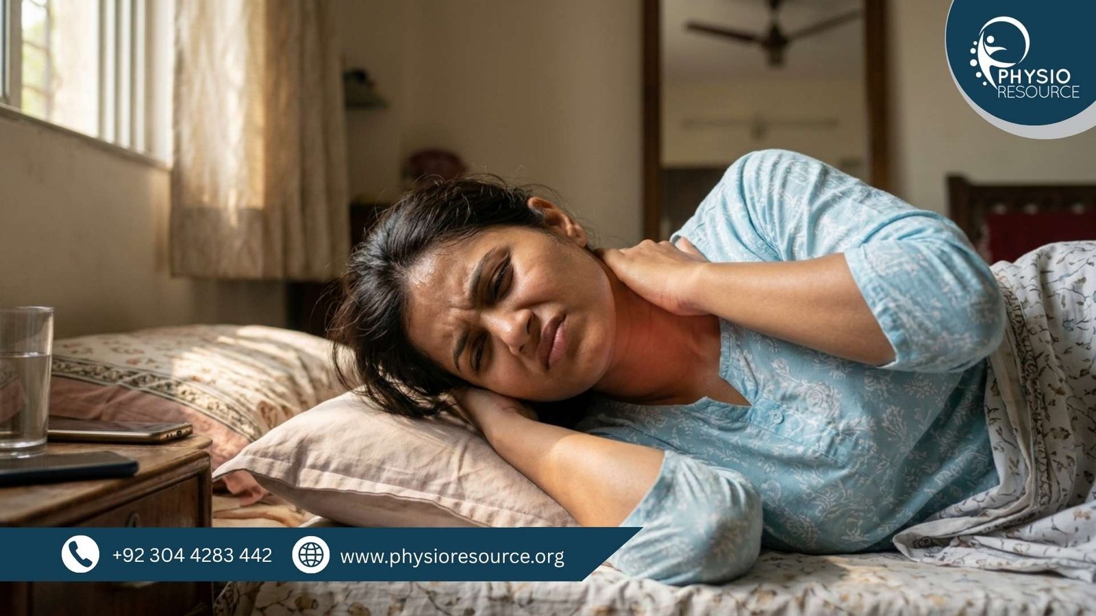 Woman experiencing neck pain after sleeping with wrong pillow and poor posture in hot weather, holding stiff neck with discomfort, Physio Resource Lahore