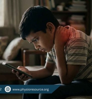 Child using mobile phone and gaming device with poor posture, slouched back and forward neck causing neck and back pain, Physio Resource Lahore