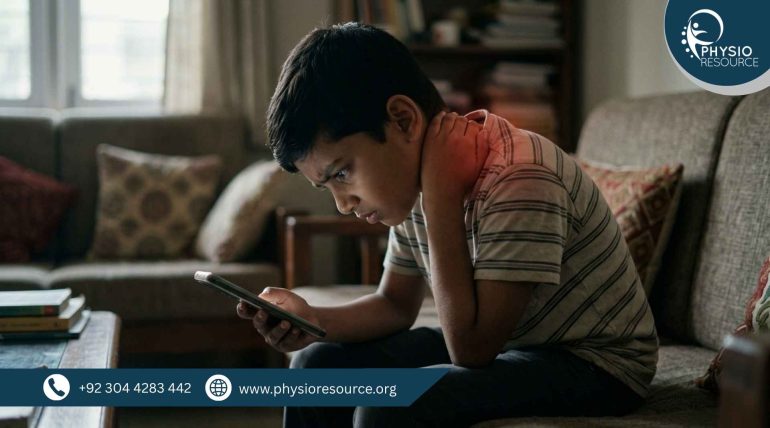 Child using mobile phone and gaming device with poor posture, slouched back and forward neck causing neck and back pain, Physio Resource Lahore