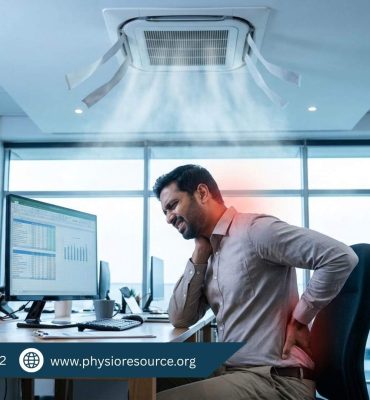 Office worker sitting under air conditioning experiencing neck and back pain due to poor posture and cold exposure, highlighting physiotherapy care at Physio Resource Lahore