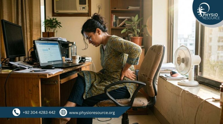 Person experiencing pelvic and hip pain in hot weather, holding lower back and hip area with discomfort, highlighting inflammation and stiffness, Physio Resource Lahore