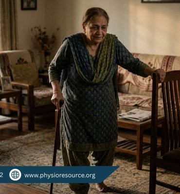 Elderly person using walking support indoors to prevent falls during low energy and fatigue in summer
