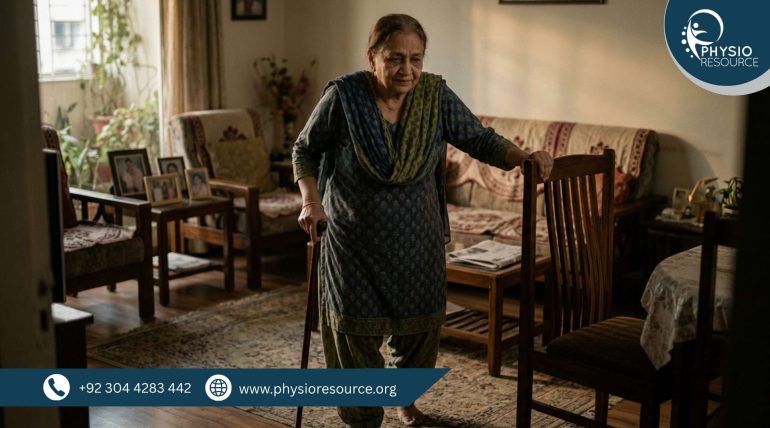 Elderly person using walking support indoors to prevent falls during low energy and fatigue in summer