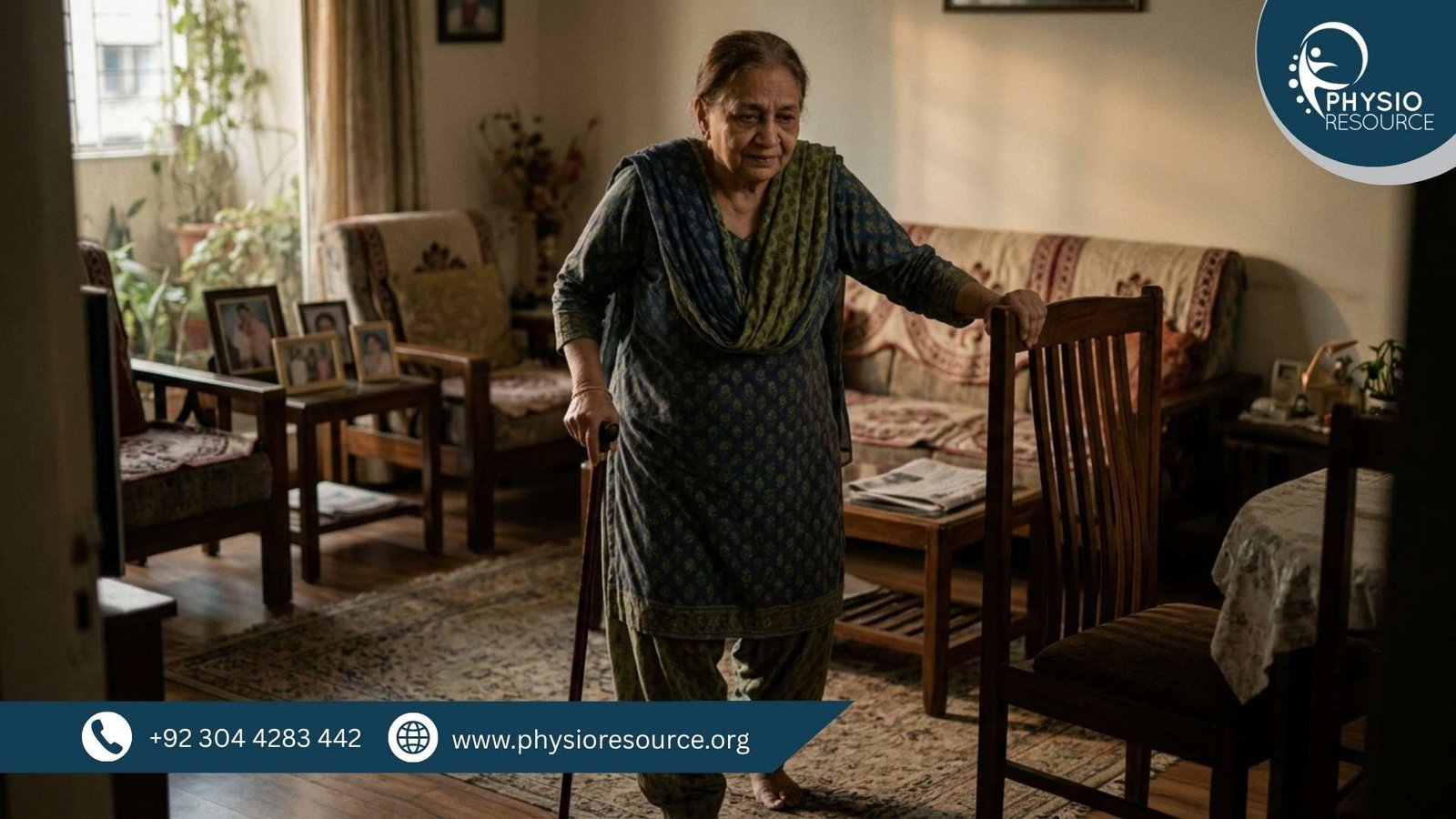 Elderly person using walking support indoors to prevent falls during low energy and fatigue in summer